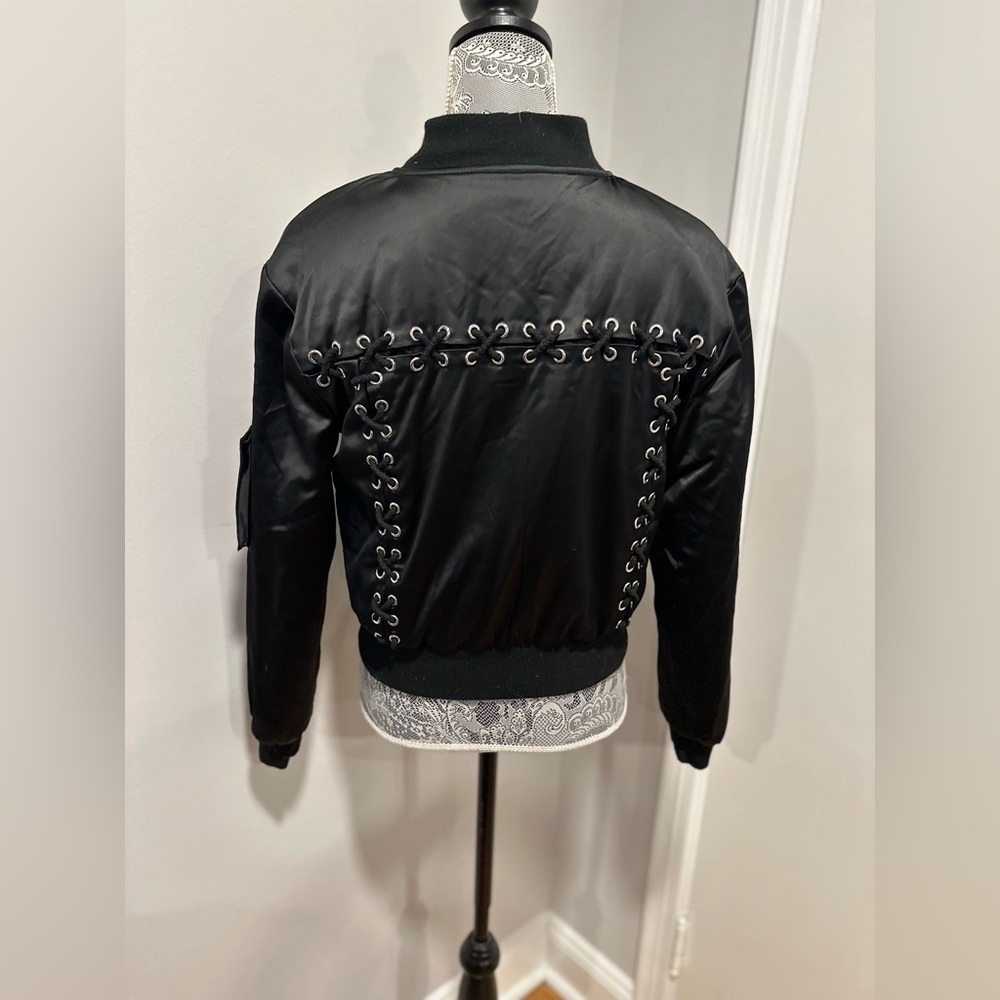 Women’s Seek Sz: S black satin bomber jacket corset-style lace-up back.